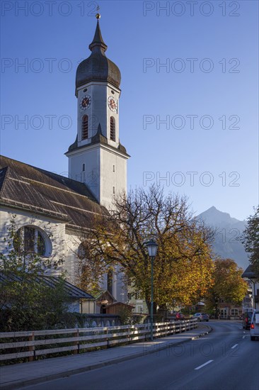St Martin's parish church in the evening light, Garmisch district, Garmisch-Partenkirchen,