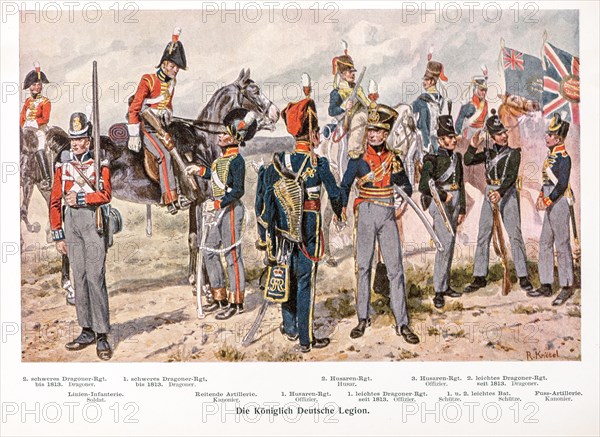 Historical, colour illustration, colour plate uniforms, Royal German Legion, soldiers and officers