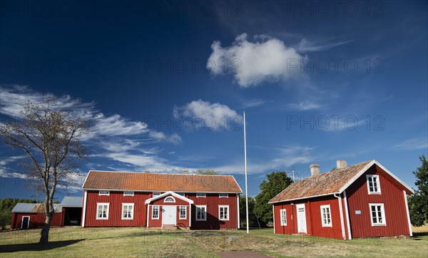 Falun red or Swedish red painted houses, farm, Geta, Aland, or Aland Islands, Gulf of Bothnia,