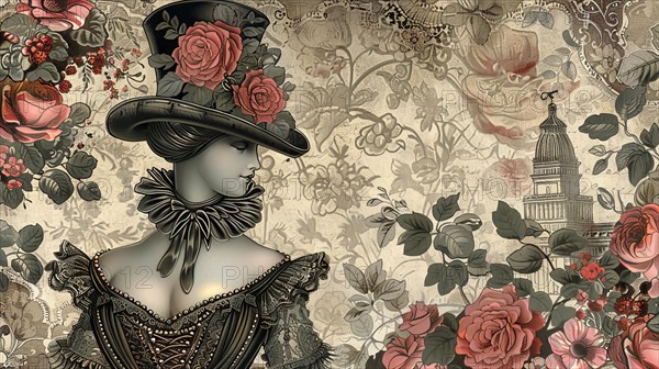 Illustration of a Victorian woman in silhouette with a floral background in sepia tones, ai