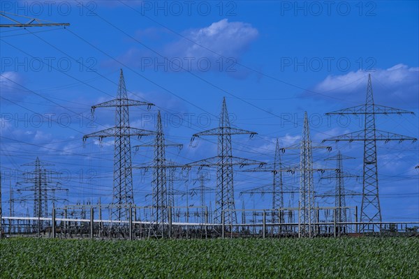 Power pylons with high-voltage lines at the Avacon substation in Helmstedt, Helmstedt, Lower