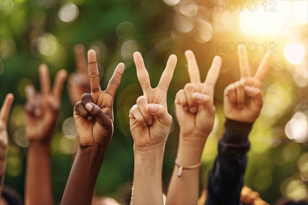 Crowd of people with raised hands with peace sign. KI generiert, generiert, AI generated