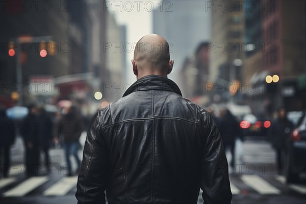 Back view of neonazi skinhead with leather jacket in city street. KI generiert, generiert, AI