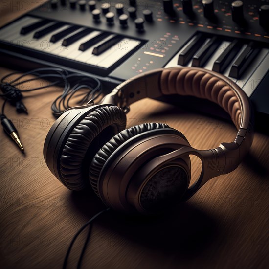 Professional headphones in the recording studio. Music and sound concept. Generative AI image, AI