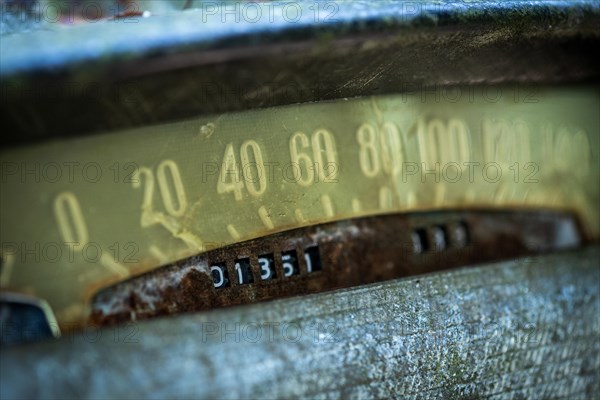 Old speedometer, dashboard, car cemetery Kyrkoe Mosse, Ryd, Tingsryd, Kronobergs laen, Sweden,