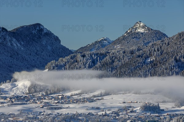 View from the Eisenberg castle ruins over Zell to the Tannheim mountains, Allgaeu, Swabia, Bavaria,