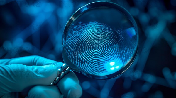 Crime scene with investigator wearing surgical glove viewing A fingerprint through the glass of a