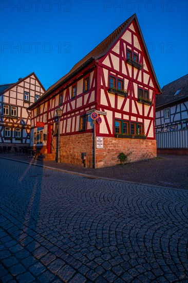 View of an old town, half-timbered houses and streets in a town. Seligenstadt am Main, Hesse