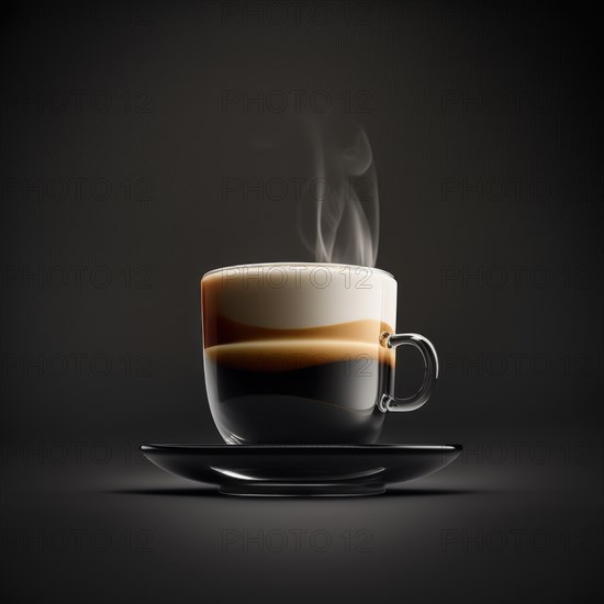 Hot coffee in glass cup. The espresso is hot, macchiato with milk and short. Generative AI image,