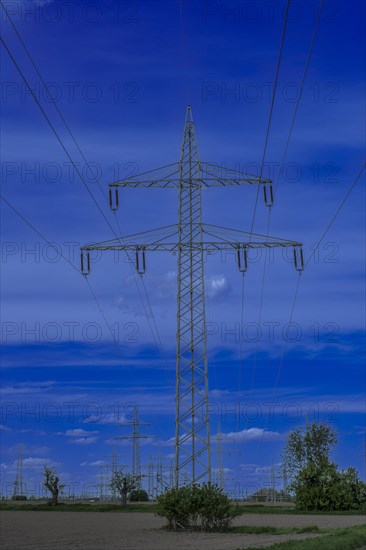 Power pylons with high-voltage lines at the Avacon substation in Helmstedt, Helmstedt, Lower