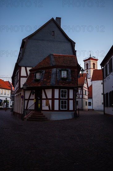 View of an old town, half-timbered houses and streets in a town. Seligenstadt am Main, Hesse