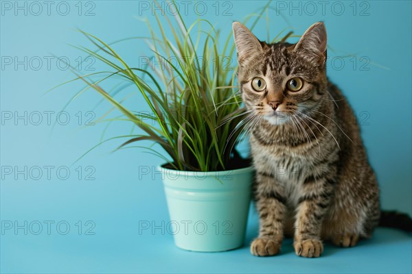 Tabby cat next to potted grass 'Cyperus Zumula' used for cats to help them throw up hair balls. KI