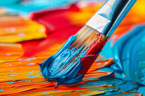 Close up of art brush painting thick oil paint strokes on canvas. KI generiert, generiert, AI