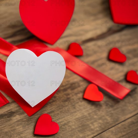 Rustic wooden table with many red hearts. The main heart is white and customizable for a