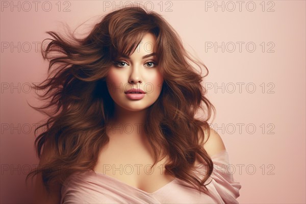 Portrait of beautiful curvy plus size woman in front of studio background. KI generiert, generiert,
