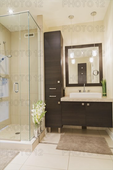 Contemporary brown laminated wood vanity with mirror and clear glass shower stall in bathroom