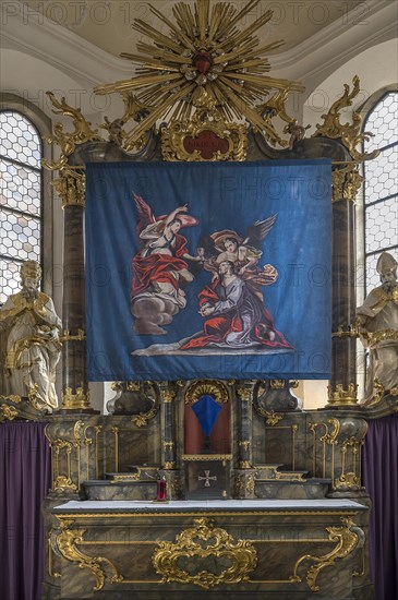 Historic Lenten cloth, made in 1726, in front of the main altar, St Nicholas parish church,