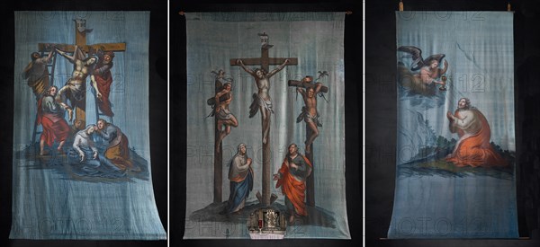 Three historical Lenten cloths on a black background, created around 1890, St Laurentius Church,