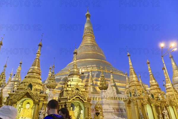 Shwedagon Pagoda, Yangon, Myanmar, Asia, The Shwedagon Pagoda at night, illuminated by floodlights