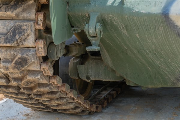 Front inside view of tracks on tank used in Korean war on display in public park in Nonsan, South