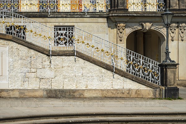 Architectural details of Pillnitz Castle on the edge of the Elbe cycle path in Pillnitz, Dresden,