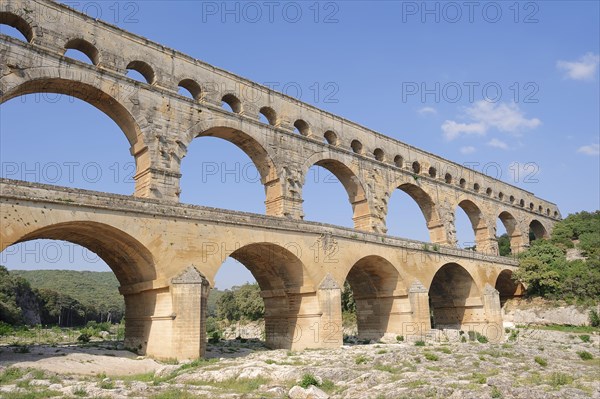 Pont du Gard, Roman aqueduct over the River Gardon, Vers-Pont-du-Gard, Languedoc-Roussillon, South