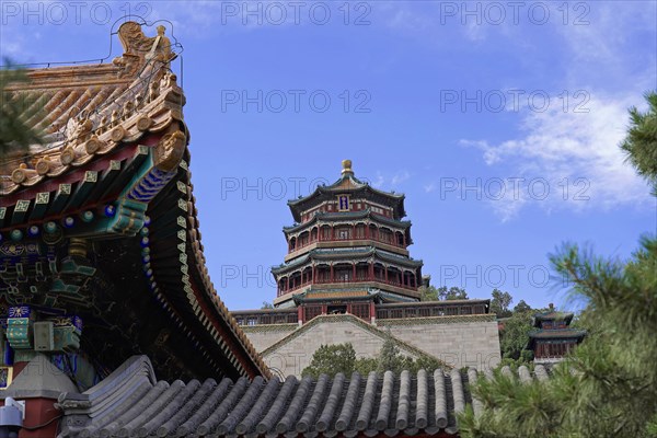 New Summer Palace, Beijing, China, Asia, Pagoda in classical Chinese style rises into the sky blue