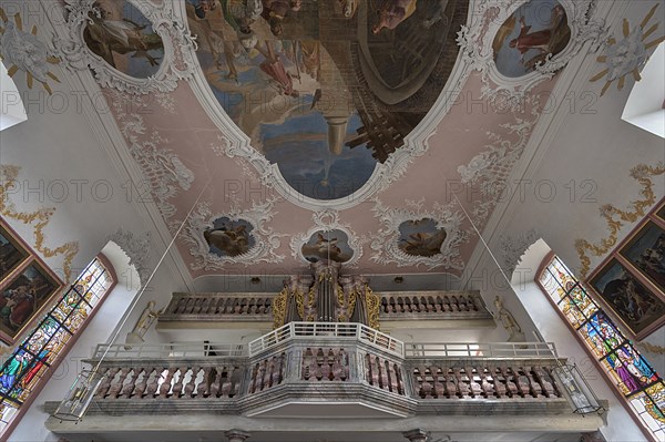 Organ from 1860 with stucco ceiling from around 1750, St Wendelin, built around 1750, Eyershausen,