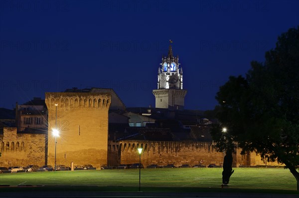 Old city wall and town hall tower at night, Avignon, Vaucluse, Provence-Alpes-Cote d'Azur, South of