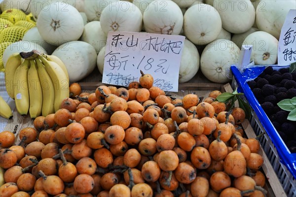 Shanghai, China, Asia, Various fruits such as persimmons, bananas and melons with price tags at a