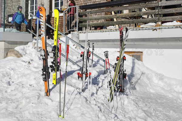 Ski equipment in front of the Edmund-Probst-Haus on the Nebelhorn, Oberstdorf, Allgaeu, Swabia,