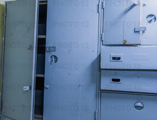Cabinet and drawers in sailor's cabin on board battleship at Unification Park in Gangneung, South