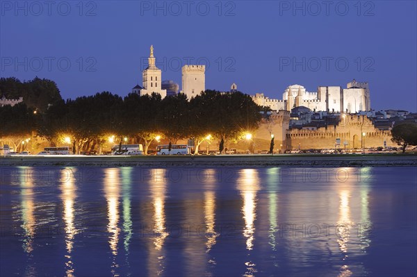 Papal Palace and Notre-Dame des Doms Cathedral at night, Avignon, Vaucluse, Provence-Alpes-Cote