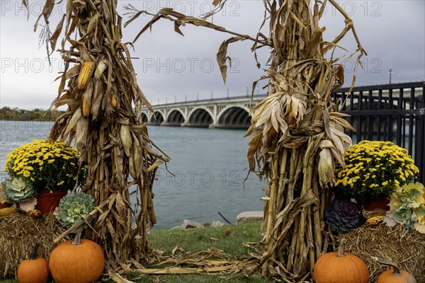 Detroit, Michigan, Halloween decorations along the Detroit Riverwalk. The bridge to Belle Isle is