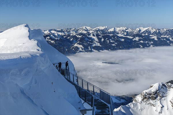 View from the Nordwandsteig on the Nebelhorn summit (2224m) to the Hoerner group, Oberstdorf,