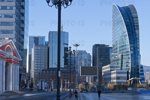 Central Tower Ulaanbaatar, Blue Sky Tower and statue of Damdin Suekhbaatar on Sukhbaatar Square,