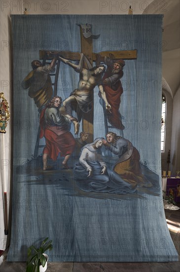 Historic Lenten cloth in front of the left side altar, created around 1890, St Laurentius Church,