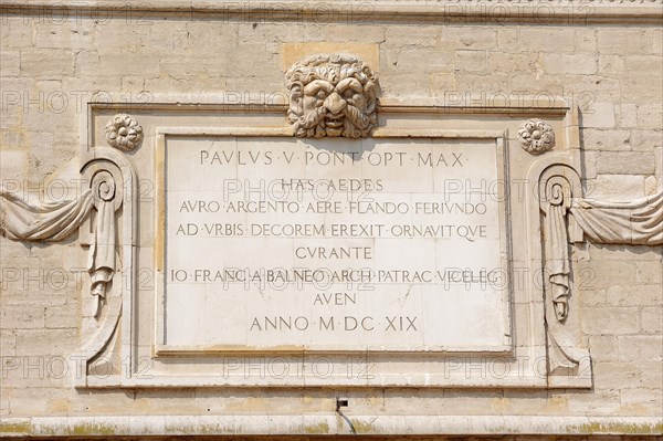 Relief with inscription on the facade, Hotel des Monnaies, Avignon, Vaucluse, Provence-Alpes-Cote