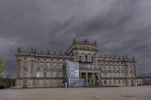 Ludwigslust Palace of the Dukes of Mecklenburg-Schwerin in the palace park, scaffolding in front of