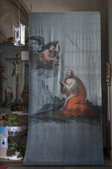 Historic Lenten cloth in front of the right side altar, created around 1890, St Laurentius Church,