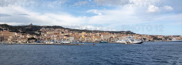 View from the sea, harbour and town of Maddalena, panoramic view, Isola La Maddalena, Sardinia,