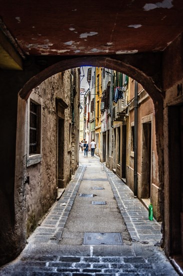 Old town alley, harbour town Piran on the Adriatic coast with Venetian flair, Slovenia, Piran,