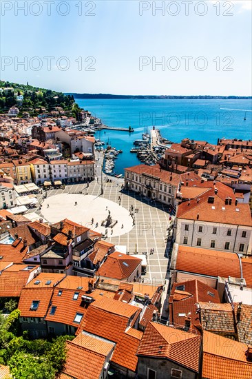 View from the bell tower over Piran and Tartin Square, harbour town of Piran on the Adriatic coast