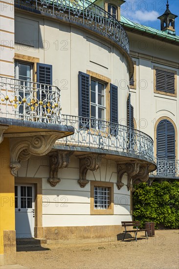 Architectural details of Pillnitz Castle on the edge of the Elbe cycle path in Pillnitz, Dresden,