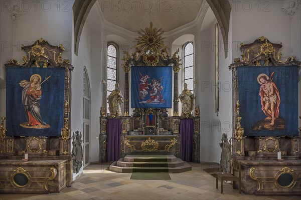 Three historic Lenten cloths in front of the altars, St Nicholas parish church, Gundelsheim,