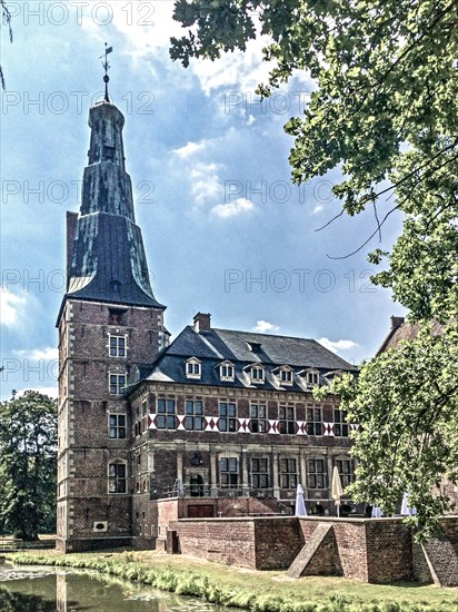 Panoramic photo with reduced dynamic colours in style of old historical photo shows view of