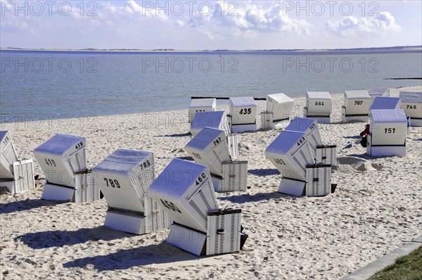 On the beach, Hoernum, Sylt, North Frisian Island, Schleswig Holstein, beach chairs on sand with a