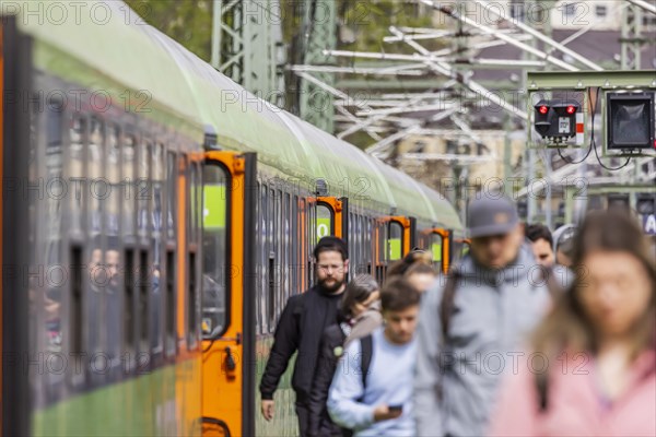 Flixtrain train at Stuttgart main station, track apron with arriving and departing trains,