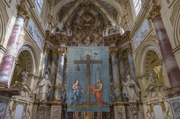 Historic Lenten cloth, around 1750, in front of the altar of the monastery church of St Rochus,