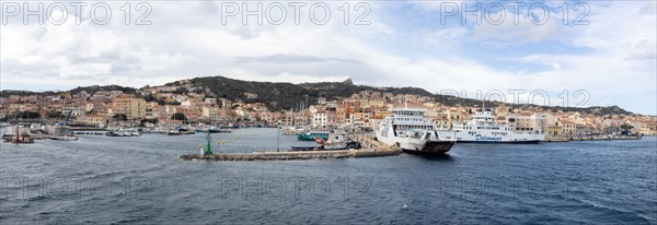 View from the sea, harbour and town of Maddalena, panoramic view, Isola La Maddalena, Sardinia,